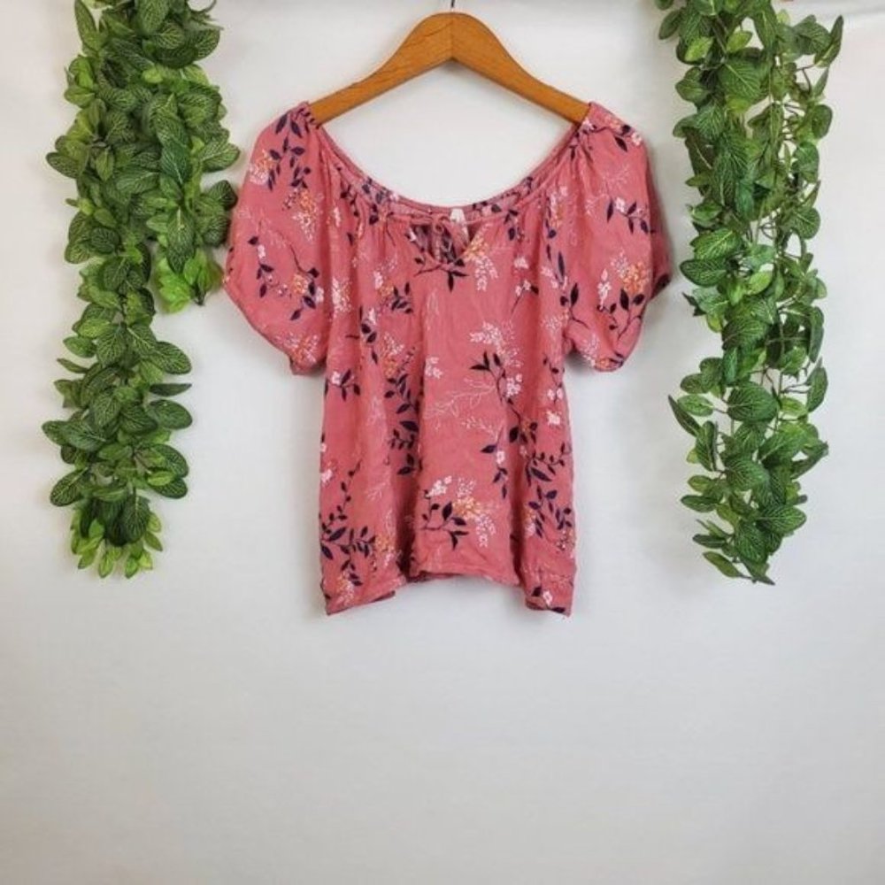Mudd Pink Floral Keyhole Tie Bow Boho Peasant Gauze Blouse Size XS